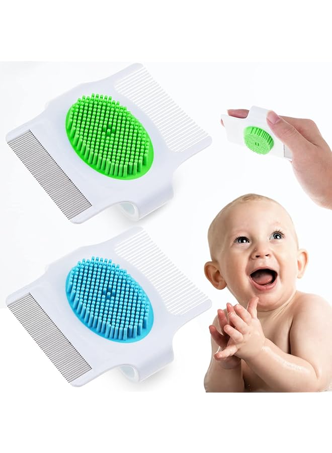 Oasisgalore 2 Pcs Baby Cradle Brush And Comb 3 In 1 Design Cradle Brush Dandruff Cleaning Brush With Soft Rubber Bristles Green Blue - Image 1