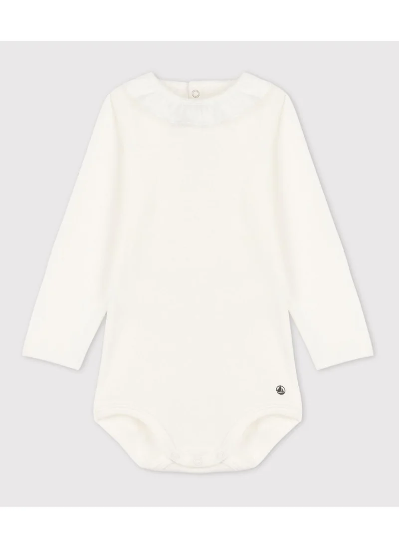 Petit Bateau Babies' Long-Sleeved Cotton Bodysuit With Ruff Collar