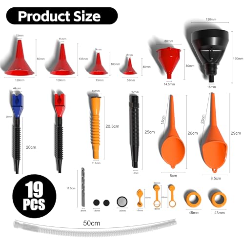 KJE 19 Pcs Automotive Funnel Set, Spout Replacements, Plastic Wide Mouth Transmission Funnels, Flexible Oil Funnel Kit for Automotive Use - Image 2