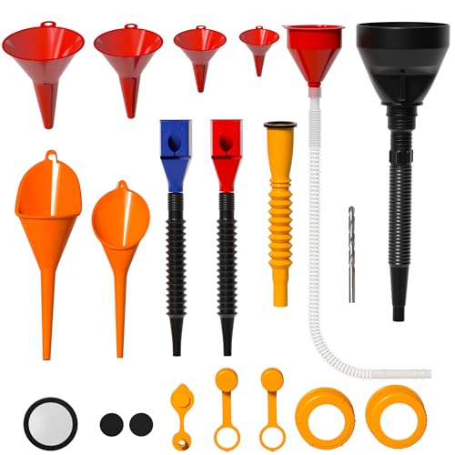 KJE 19 Pcs Automotive Funnel Set, Spout Replacements, Plastic Wide Mouth Transmission Funnels, Flexible Oil Funnel Kit for Automotive Use - Image 1
