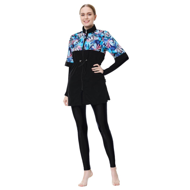 Women's Modest Swimwear Three-Piece Set with Hooded Top, Long Sleeves, and Skirt - Sun-Protective Printed Design