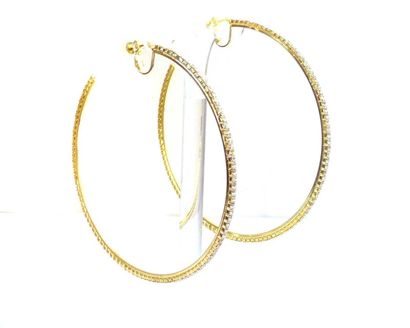 CRISTAL Clip-on Earrings Gold Tone Rhinestone Hoop Earrings 4 Inch Crystal Hoop Earrings - Image 2