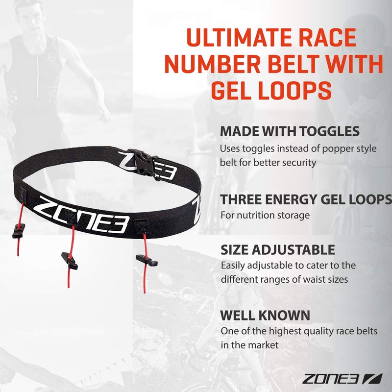 Zone3 Ultimate Race Number Belt with Gel Loops (Black/Red/White) - Image 3