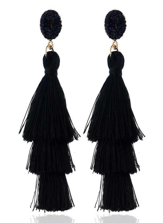 Pingyongchang Boho Statement tassel earrings for women Clip On Drop Earrings feather earrings Non Piercing Jewelry for women dangling fringe earrings vacation beach earrings bride earrings bachelorette for women costume prom earrings jewelry-Black - Image 1