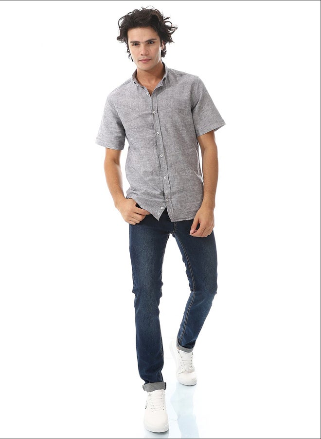 Andora Solid Linen Short Sleeve Oxford Shirt _ Dark Grey - Image 1
