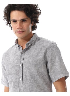 Andora Solid Linen Short Sleeve Oxford Shirt _ Dark Grey  - Image 4