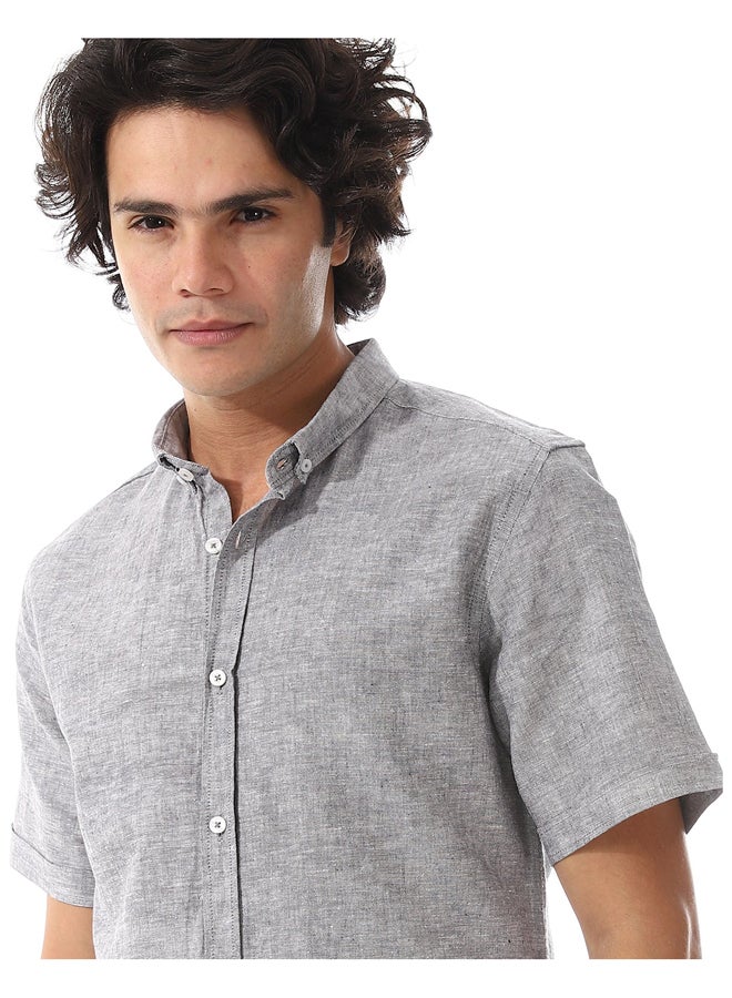 Andora Solid Linen Short Sleeve Oxford Shirt _ Dark Grey - Image 4