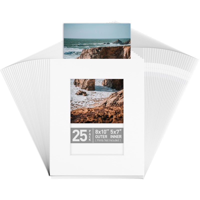Golden State Art 25 Pack 8x10 White Cardboard Frame for 5x7 Photo Thick Paper Frame PreAdhesive Mat with Backing Board Includes 25 Clear Bags Acid Free For Photo Storage Display And Mailing