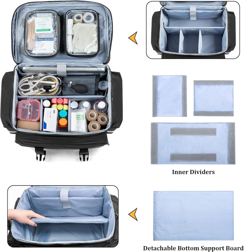 Damero Rolling Medical Bag with Detachable Trolley Medical Equipment Bag with Removable Pouches and Dividers First Aid Responder Bag Empty for Home Health Nurses Doctors EMT EMS Black - Image 2