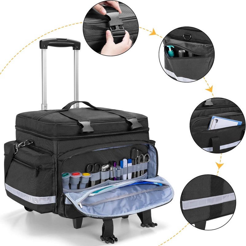 Damero Rolling Medical Bag with Detachable Trolley Medical Equipment Bag with Removable Pouches and Dividers First Aid Responder Bag Empty for Home Health Nurses Doctors EMT EMS Black - Image 4