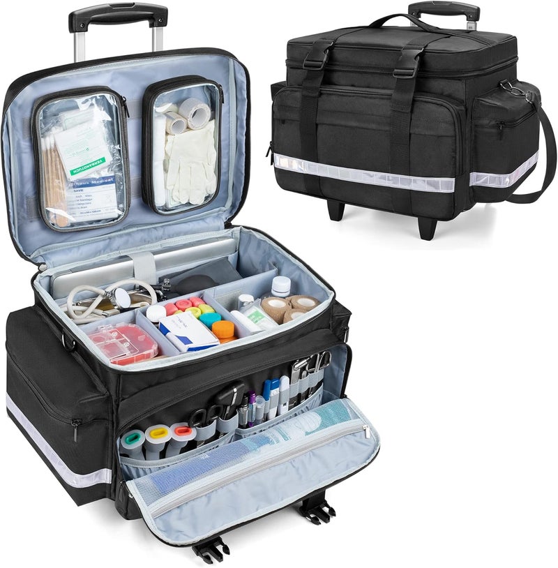 Damero Rolling Medical Bag with Detachable Trolley Medical Equipment Bag with Removable Pouches and Dividers First Aid Responder Bag Empty for Home Health Nurses Doctors EMT EMS Black - Image 1