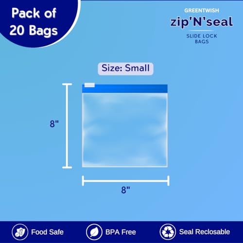GREENTWISH Zip 'N' Seal (Pack of 20) Slider Zip Lock Bag for Food Storage, Freezer/Microwave Safe, Reusable LDPE Transparent Zipper Bag, Vegetable Bags For Fridge Storage | Size: Small (8 x 8 Inch) - Image 2