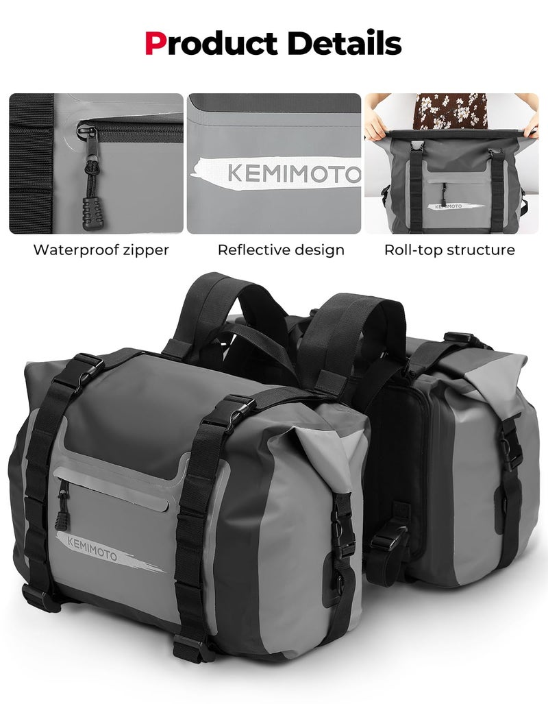 KEMIMOTO PVC Waterproof Motorcycle Saddlebags 50L(25Lx2) Adventure Dual Sport Bike Luggage Bag Saddle Bags Side Bags for Dirtbike Motorbike Travel Motorcycle Panniers Bags Grey - Image 4