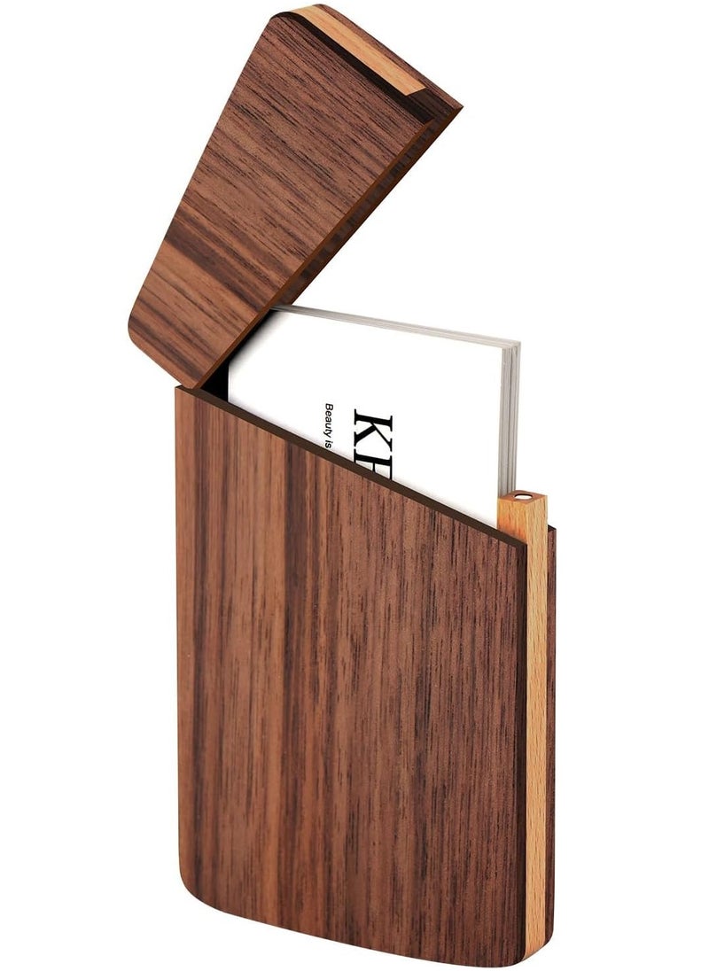 Excefore Wood Business Card Holders, PU Leather Business Card Case Pocket Business Card Holders for Men or Women, Professional Slim Business Card Carrier Name Card Holder Wallet With Magnetic Shut, Coffee  - Image 1