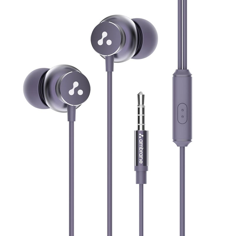 AMBRANE Stringz 38 Wired Headphones with Mic, Powerful HD Sound with High Bass, Tangle Free Cable, Comfort in Ear Fit, 3.5mm Jack (Purple) - Image 1