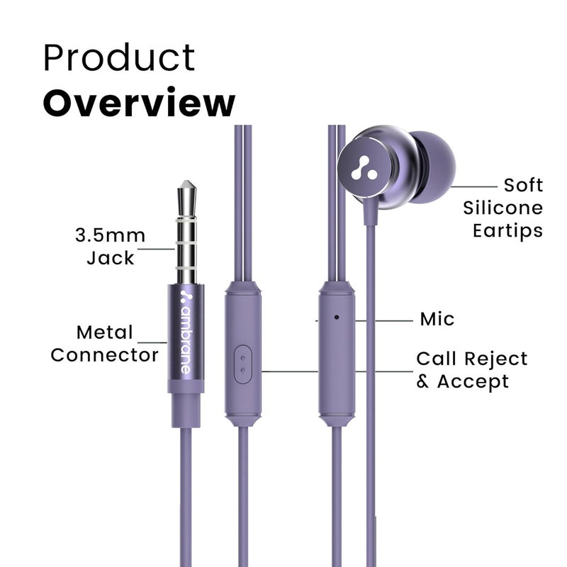 AMBRANE Stringz 38 Wired Headphones with Mic, Powerful HD Sound with High Bass, Tangle Free Cable, Comfort in Ear Fit, 3.5mm Jack (Purple) - Image 5