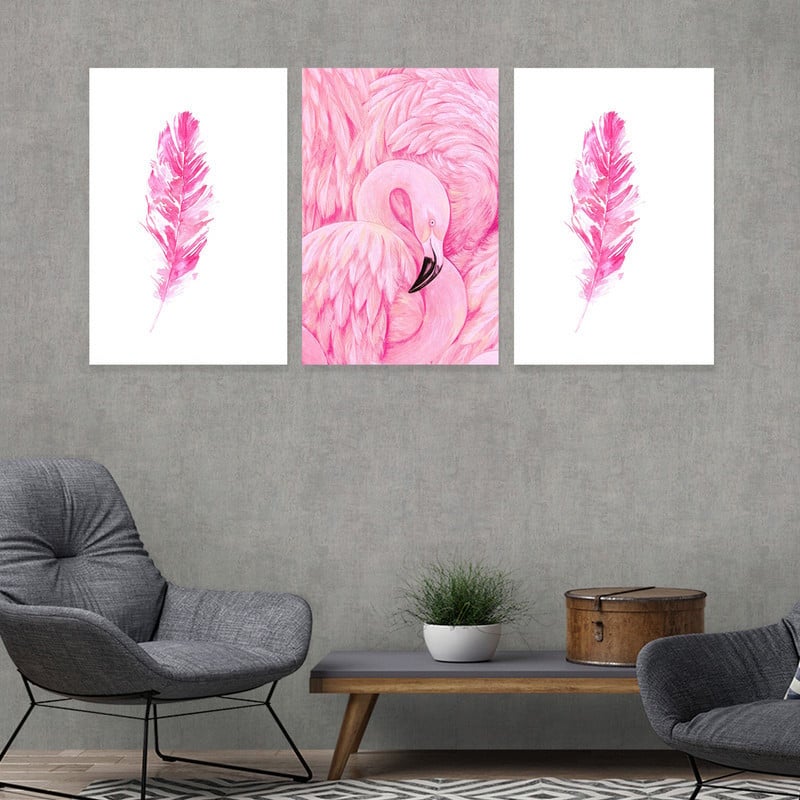 Marktna Three flamingo-themed canvas panels with a hollow frame, measuring (90×40), three pieces - Image 1