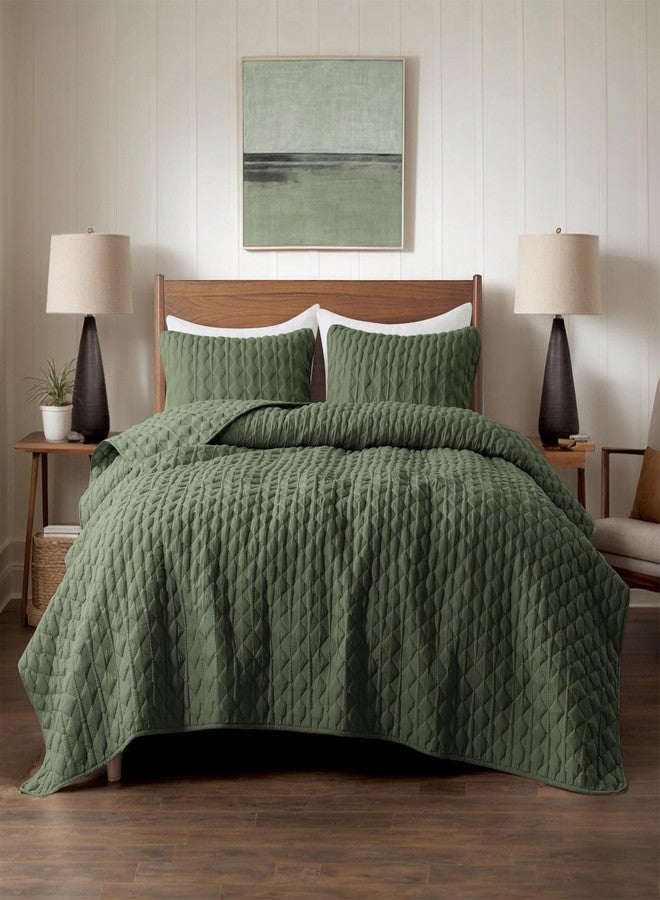WDCOZY Olive Green Quilt King Size Bedding Set with 2 Pillow Shams, Lightweight Soft Bedspread Coverlet, Thin Comforter Bed Cover for All Season, 3 Pieces, 104x90 inches - Image 2