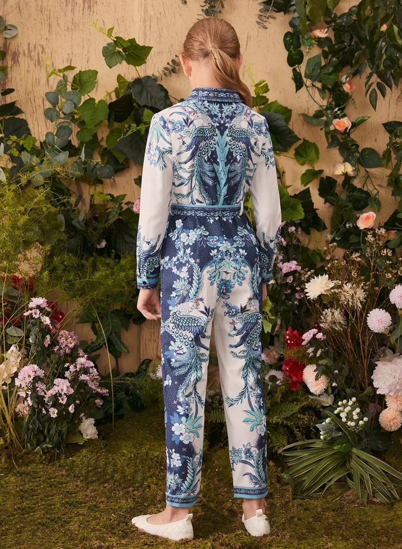 Girls 1PC Phoenix Print Self Belted Shirt Jumpsuit