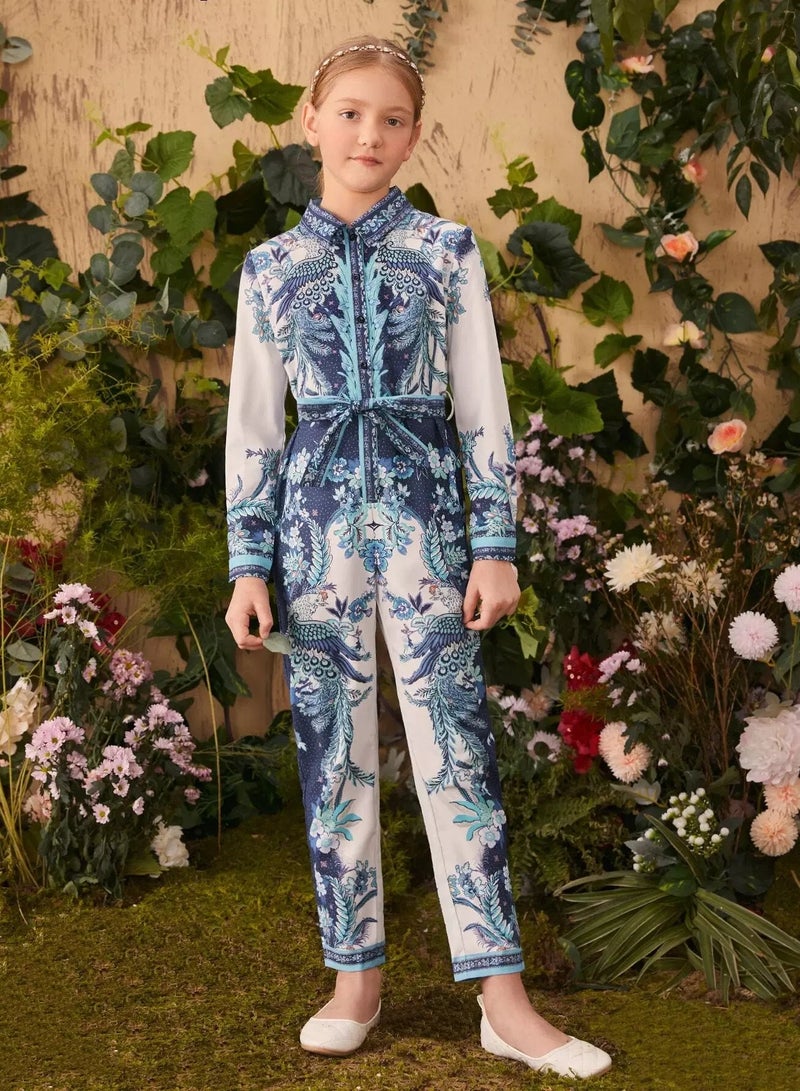 Girls 1PC Phoenix Print Self Belted Shirt Jumpsuit