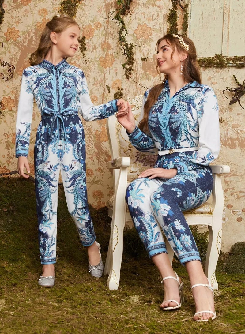 Girls 1PC Phoenix Print Self Belted Shirt Jumpsuit