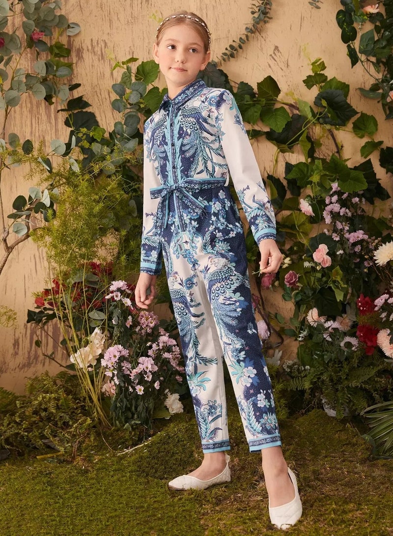 Girls 1PC Phoenix Print Self Belted Shirt Jumpsuit