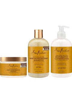 A set of shampoo and conditioner to moisturize and care for frizzy, damaged and stressed hair, enriched with raw shea butter, argan oil and sea kelp, sulfate-free, with 3 pieces from Shea Moisture, fo