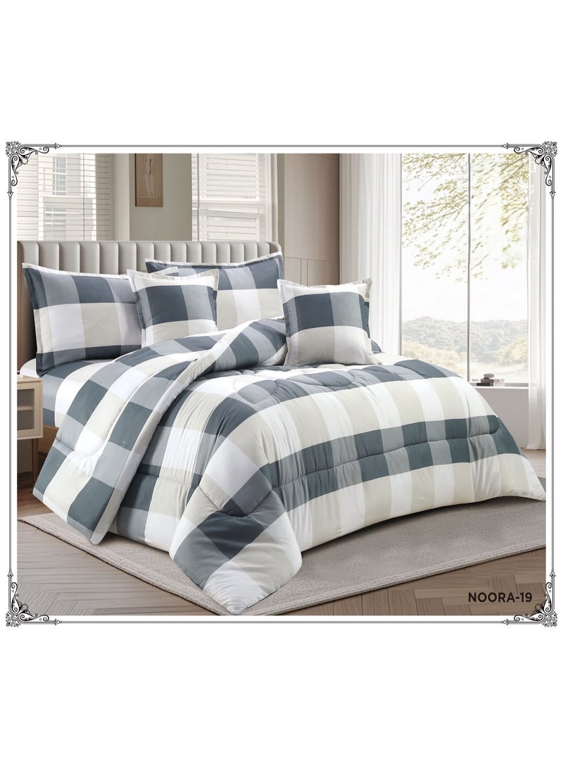 Double summer bedspread set, reversible (one side patterned, one side plain), 6 pieces. Comfort and elegance for your bedroom decor. Includes: 1 comforter (220*240cm), 1 fitted sheet (200*200cm), 2 pillowcases (80*50cm), and 2 pillowcases (50*50cm).
