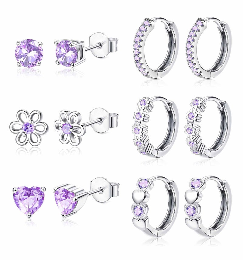 YADOCA ðŸµðŸ®ðŸ± ð—¦ð˜ð—²ð—¿ð—¹ð—¶ð—»ð—´ ð—¦ð—¶ð—¹ð˜ƒð—²ð—¿ Earrings for Girls Women - Hypoallergenic Cute Kids Toddler Earrings - Purple Cubic Zirconia Earring Studs Hoop Set for Sensitive Ears - Image 1