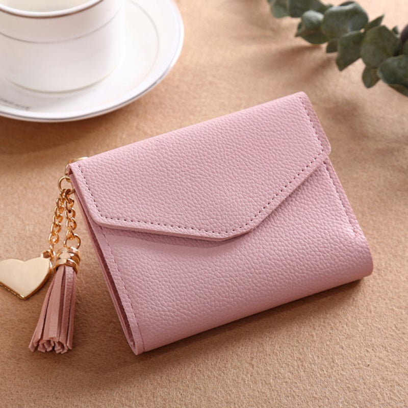 Women Grain PU Leather Wallet Mini Triple Folded Purse for Cards Cash Holding with Tassel Pendant(Light ) - Image 1
