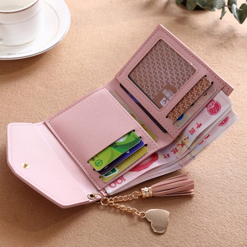 Women Grain PU Leather Wallet Mini Triple Folded Purse for Cards Cash Holding with Tassel Pendant(Light ) - Image 4