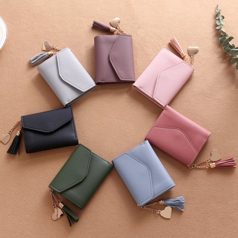 Women Grain PU Leather Wallet Mini Triple Folded Purse for Cards Cash Holding with Tassel Pendant(Light ) - Image 2