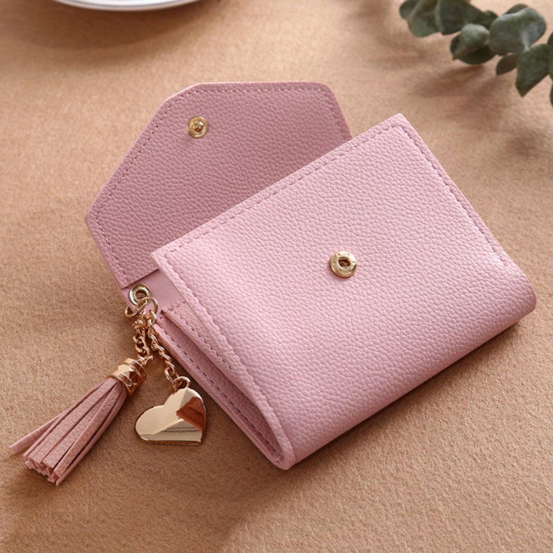 Women Grain PU Leather Wallet Mini Triple Folded Purse for Cards Cash Holding with Tassel Pendant(Light ) - Image 3