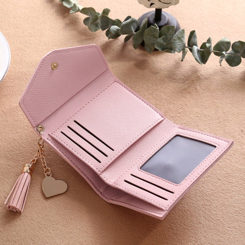 Women Grain PU Leather Wallet Mini Triple Folded Purse for Cards Cash Holding with Tassel Pendant(Light ) - Image 5