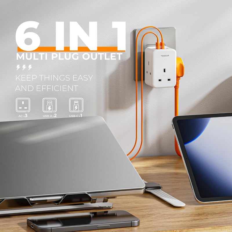Charger Plug Adaptor SA, 3 Way Plug Extension Socket with 3 Ports (2 USB A & 1 USB C) Charging Station, Multiplug Extender for Home, Office, School Supplies - Image 2