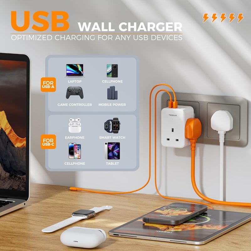 Charger Plug Adaptor SA, 3 Way Plug Extension Socket with 3 Ports (2 USB A & 1 USB C) Charging Station, Multiplug Extender for Home, Office, School Supplies - Image 4