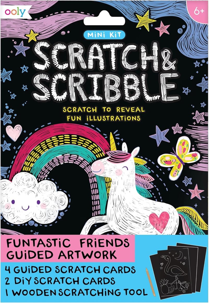 Ooly Mini Scratch & Scribble Art Kit - 6 Card Rainbow Scratch Art Set Gifts for Kids, Travel-Friendly Craft Kit, Scratching Tool Included - Funtastic Friends - Image 1