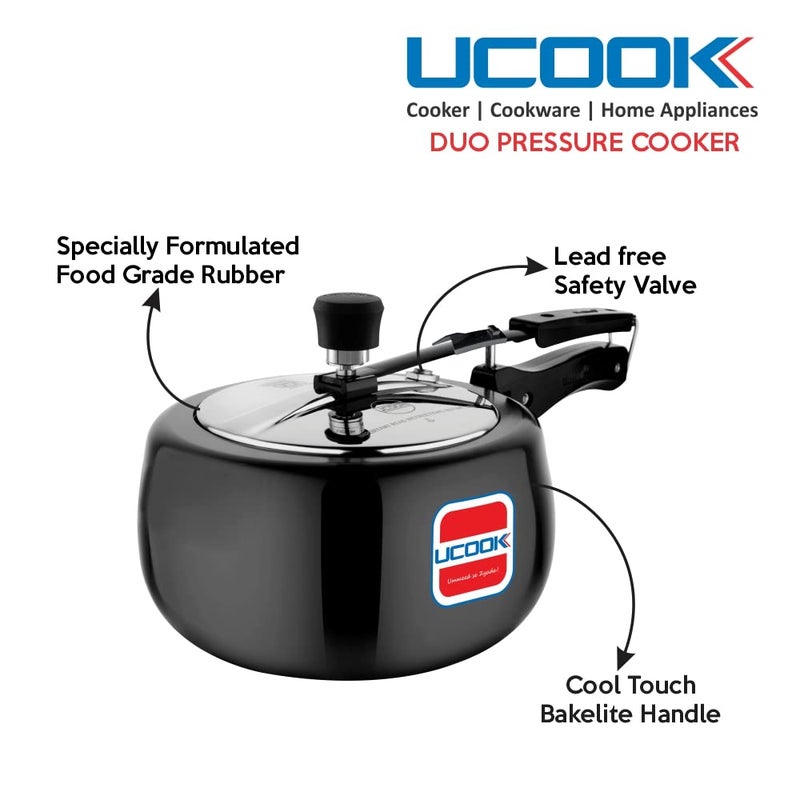 UCOOK By UNITED Ekta Engg. Royale Duo 1.5 Litre Hard Anodised Non-Induction Inner Lid Pressure Cooker, Black - Image 4