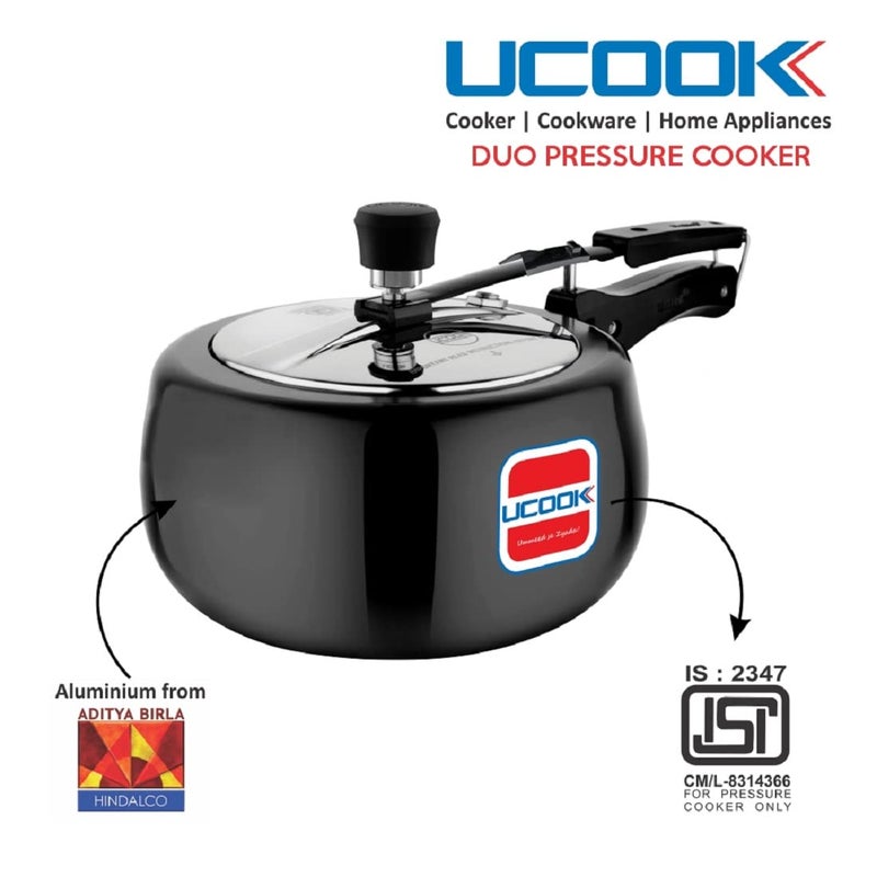 UCOOK By UNITED Ekta Engg. Royale Duo 1.5 Litre Hard Anodised Non-Induction Inner Lid Pressure Cooker, Black - Image 3