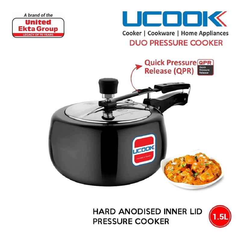 UCOOK By UNITED Ekta Engg. Royale Duo 1.5 Litre Hard Anodised Non-Induction Inner Lid Pressure Cooker, Black - Image 2
