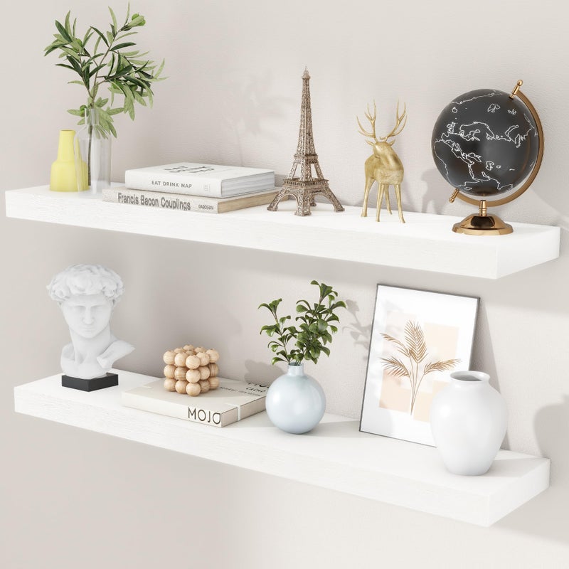 fuqing 36 Inch White Floating Shelves for Wall Solid Wood White Floating Shelves Set of 2 Lightweight Wood Wall Mounted Shelves for Bathroom Bedroom Living Room Kitchen