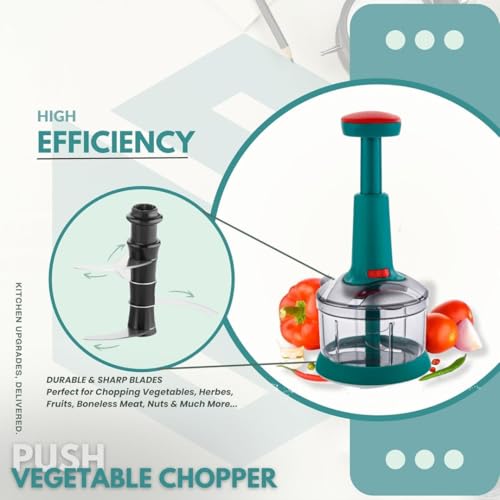 YOUONE Food Chopper 1000ml, 4 Blade Steel Large Manual Hand-Press Vegetable Chopper Mixer Cutter to Cut Onion, Salad, Tomato, Potato (Grey Red (650ML)) - Image 2