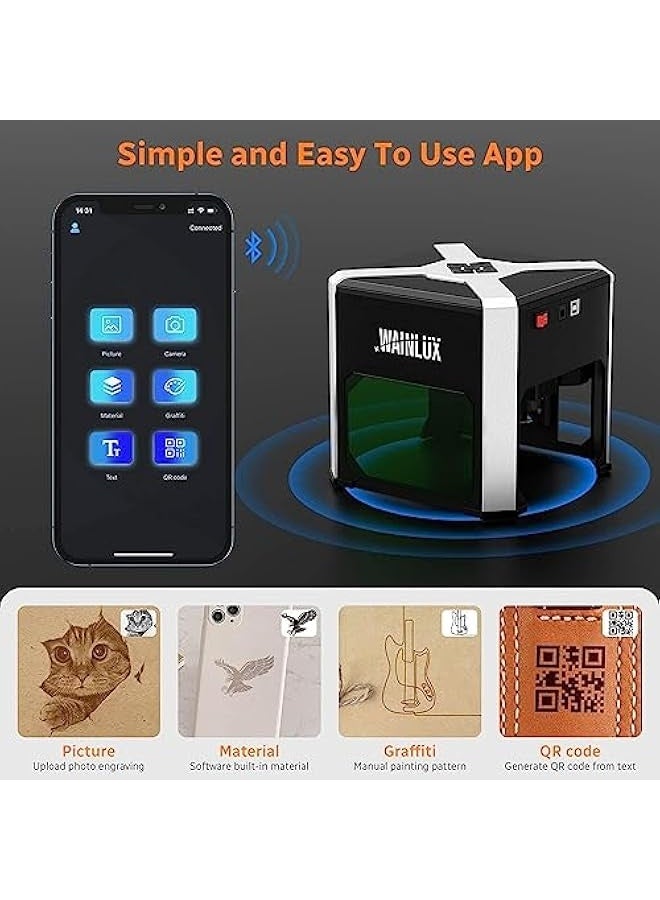 WAINLUX K6 Mini Laser Engraving Machine with 0.05mm Accuracy, 3W Laser Power, Wireless BT App Control, Offline Engraving, Laser Cutter Engraver Tool for Wood Vinyl Leather Glass, DIY Art, Logo Design - Image 2