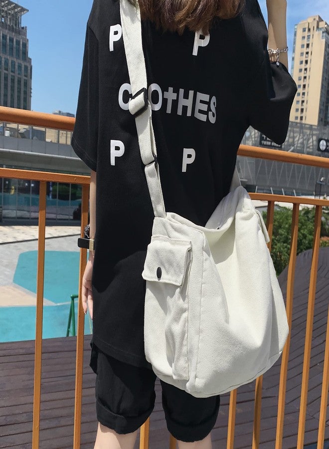 Youjaree Canvas Tote Bag Hobo Crossbody Handbag Big Capacity Messenger Bag with Multiple Pockets Casual Shoulder Bag for Women Men (White) - Image 3