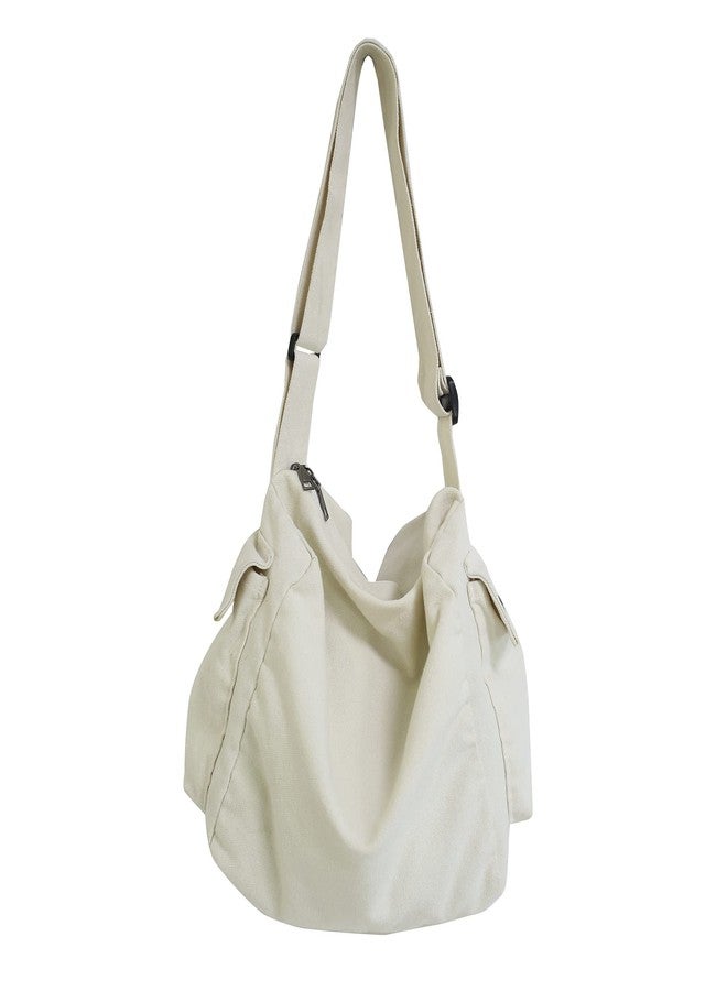 Youjaree Canvas Tote Bag Hobo Crossbody Handbag Big Capacity Messenger Bag with Multiple Pockets Casual Shoulder Bag for Women Men (White) - Image 1