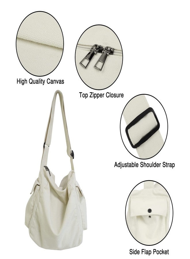 Youjaree Canvas Tote Bag Hobo Crossbody Handbag Big Capacity Messenger Bag with Multiple Pockets Casual Shoulder Bag for Women Men (White) - Image 4