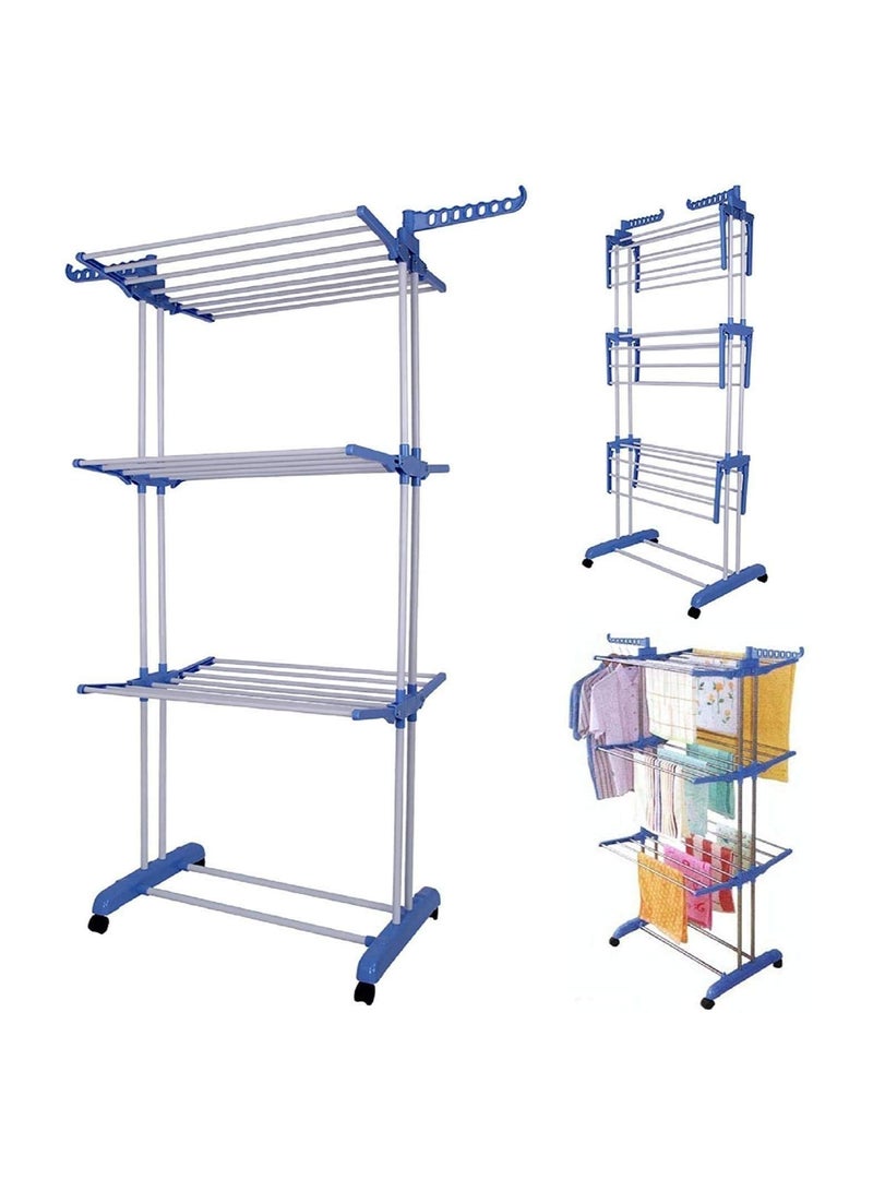 Heavy Duty Full Size Carbon Steel 3-Tier Cloth Drying Rack, Laundry Rack, Blue/Silver - Image 3