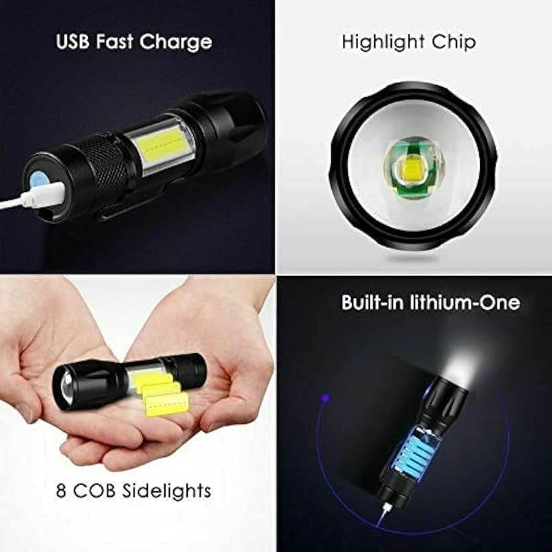 Led Flashlight Rechargeable USB Torch Mini Small Light Super Bright Handheld Tiny Portable Pocket Flash Light with COB Side Searchlight High Lumens Zoomable Emergency Camping Accessories 2 Pack - Image 4