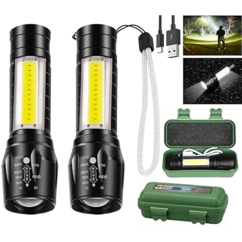 Led Flashlight Rechargeable USB Torch Mini Small Light Super Bright Handheld Tiny Portable Pocket Flash Light with COB Side Searchlight High Lumens Zoomable Emergency Camping Accessories 2 Pack - Image 1