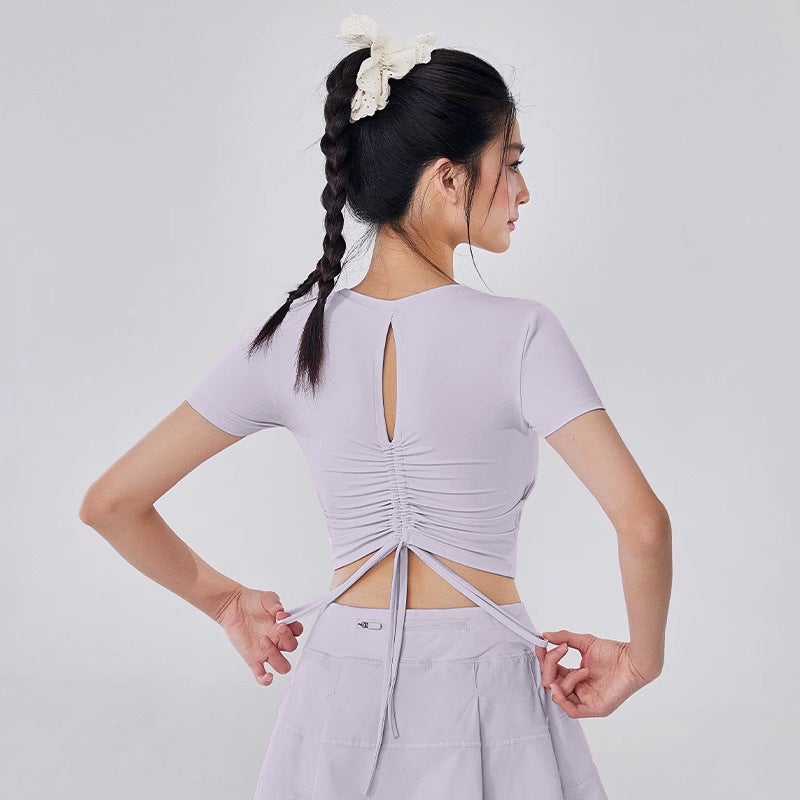 Generic Womens Short-sleeved Yoga Top with Chest Pad 2025 New High-value Pilates Training Clothes Running Sports Fitness Clothes Changrong purple